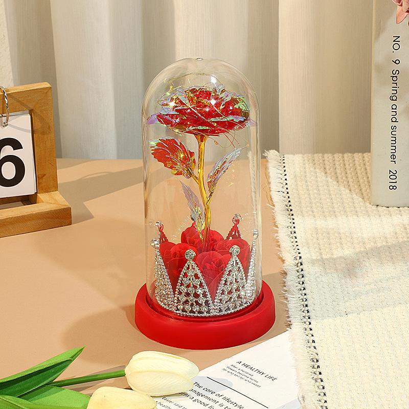 Valentine's Day Ornament Rose Table Creative Gold Foil Crown Night Light Mother's Day Gift Eternal Flower