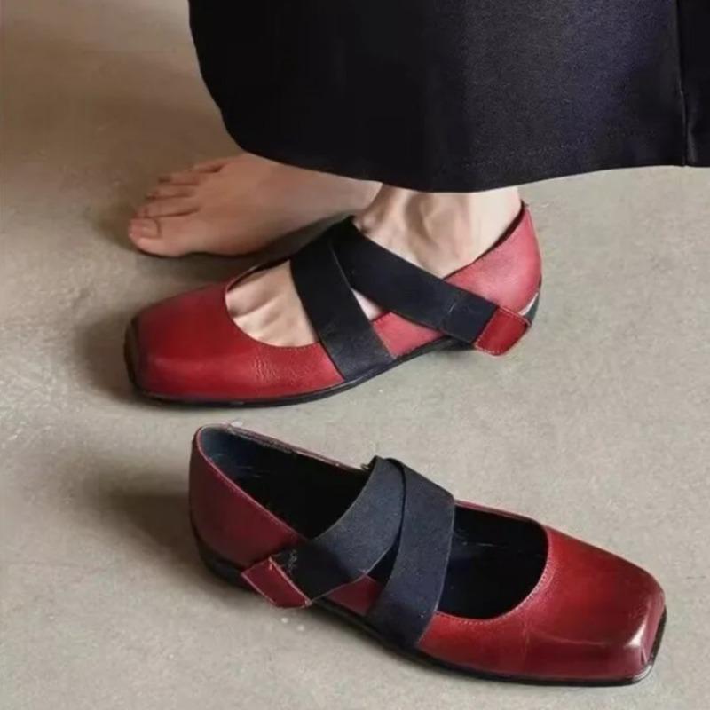 Fashion Vintage Low Heel Single Shoes Women's New Square Toe Shallow Mouth Cross with Soft Sole Block Heel Mary Jane Shoes
