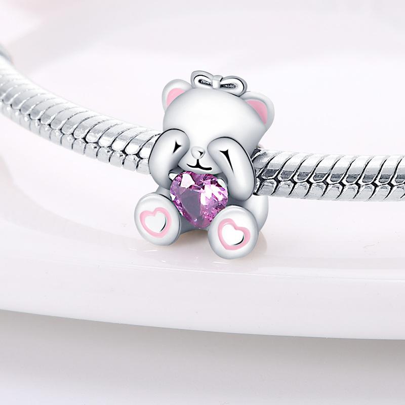 Pan Family Design Copper Silver Plated Pink Zircon Bear Elephant Koala Bow Suitable For Pan Bracelet Diy