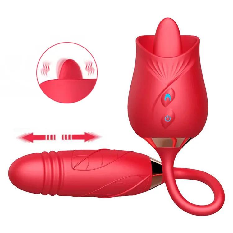 Anal Double Head Dildo Licking Female Telescopic Masturbation Thrust Sucking Silicone Adult Sex Toys Rose Vibrator for Woman