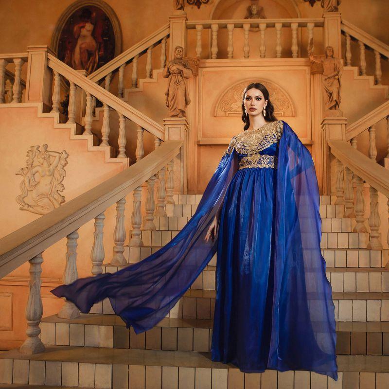 Cross-Border European and American Women s Fashion New High-End Long-Sleeve Round-Neck Slim-Fit Evening Gown for Post-New Year Parties and Banquets Blue S