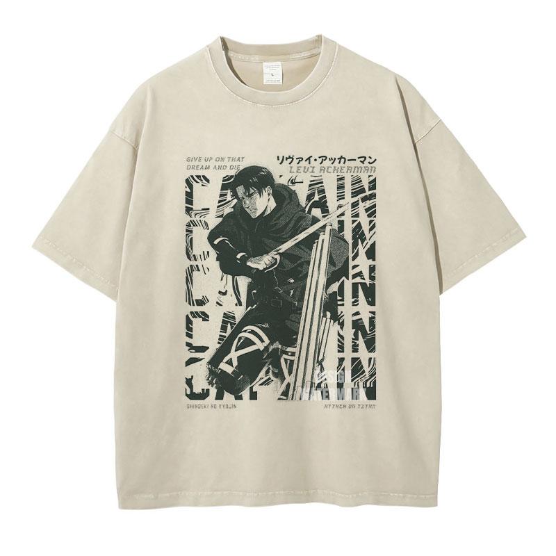 

Anime Levi T Shirts Oversized Vintage Washed AAttack on TTitan Tshirt Eren Mikasa Shingeki no Kyojin Tops Tees Men Cotton S