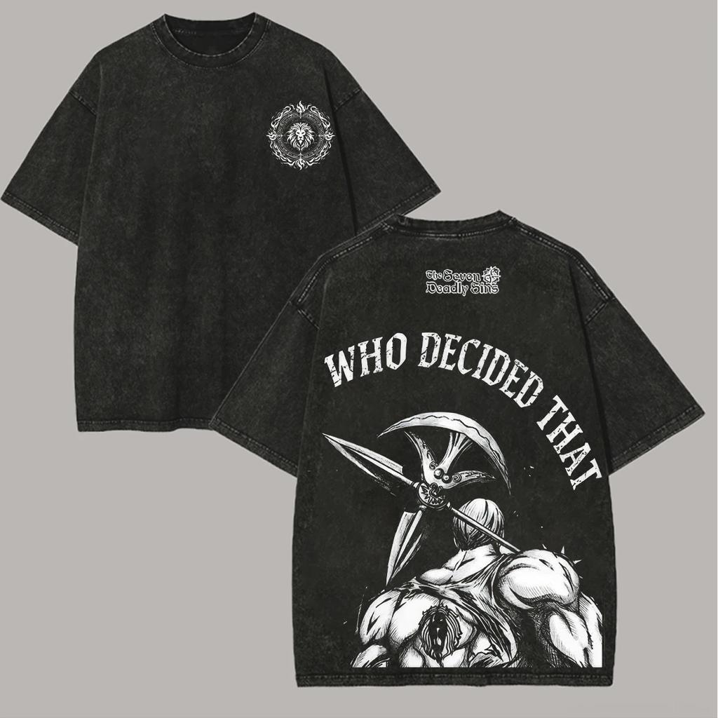 Anime-Liebhaber Sieben Todsünden Escanor Bedrucktes Unisex Gewaschenes Oversized T-Shirt Unisex Baumwolle Streetwear Kurzarm Unisex Kleidung
