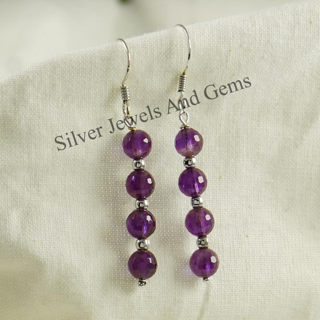 Amethyst Earrings, Round Beaded Earrings, 925 Sterling Silver Handmade Earrings, Dangle Earrings, February Birthstone, Anniversary Earrings