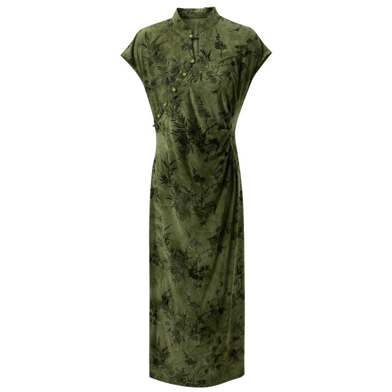 New Chinese Style Flocked Floral Stand Collar Long Dress S