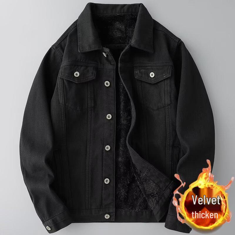 2025 Men s Casual Retro Denim Jacket with Velvet, Autumn/Winter Loose Fit, Hong Kong Streetwear Style M