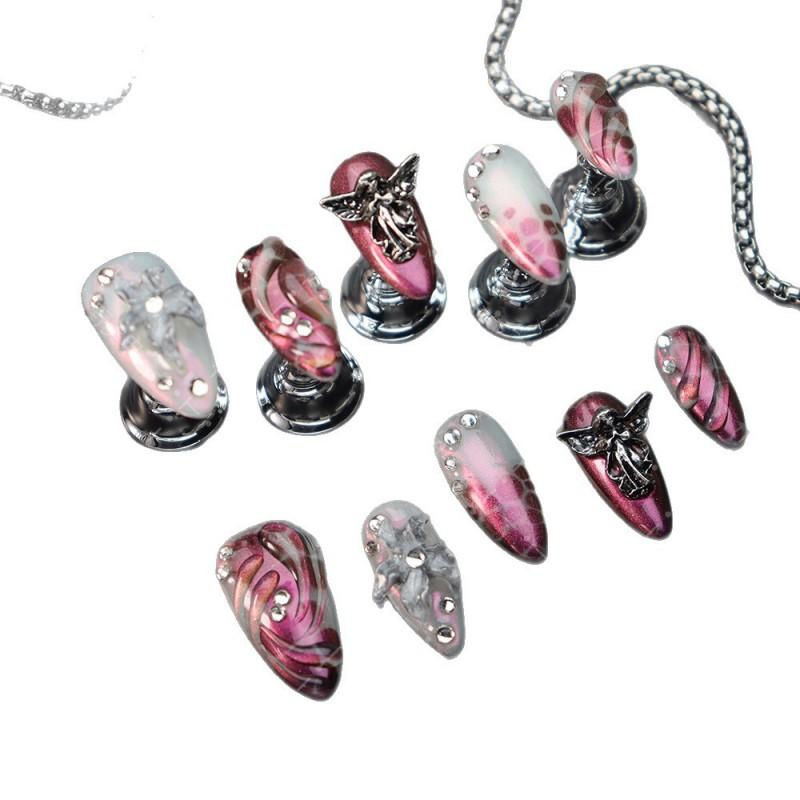 Handmade Gothic Press-On Nails With 3D Floral Carving Purple Red Angel Snake Print Women Almond Shape Acrylic