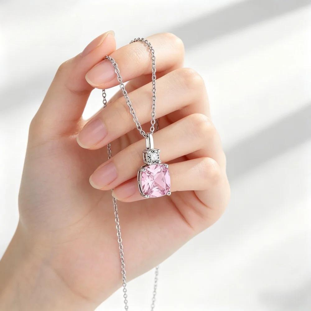 New Arrival Pink Cubic Zirconia Pendant Necklace 925 Silver Square Cut Chain Necklace for Women Luxury Wedding Jewelry Gift