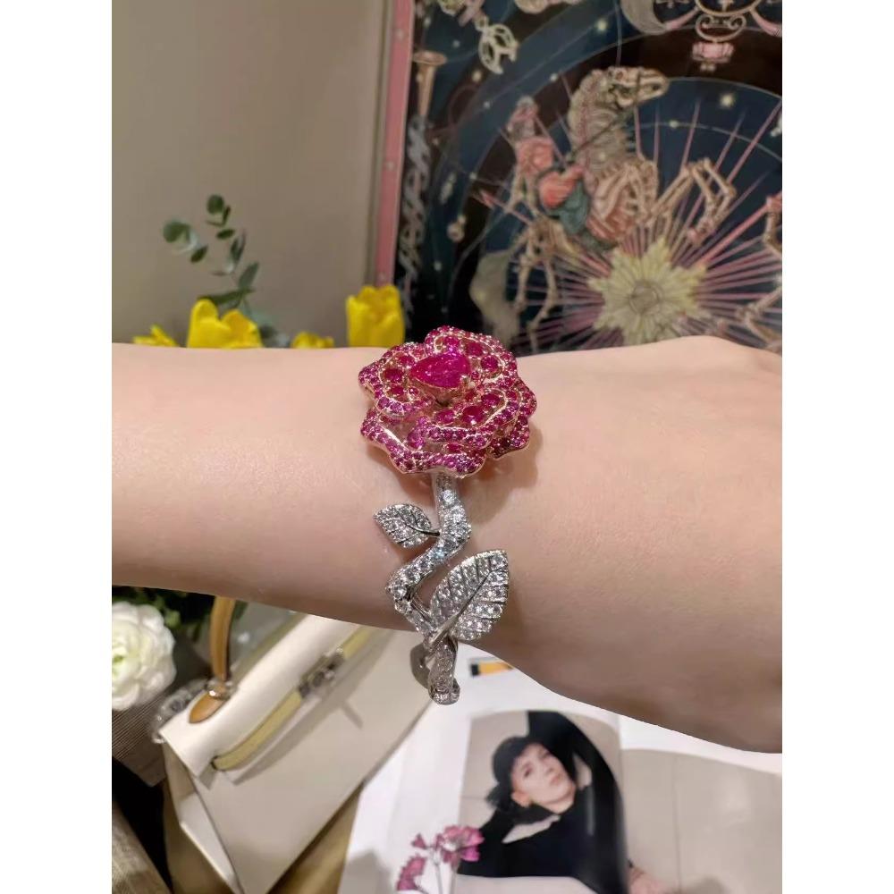 Women's Luxury Bracelet Set with Red Corundum Rose Necklace Gemstone Earrings Camellia Bangle