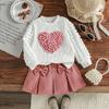 2PCS Children Spring Autumn New Style For Kids Girls 1-6Y Sweet Bubble Sleeve With Heart Top + Short Skirt With Bow Clothes Set