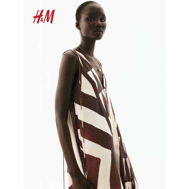 

HM Women s clothing dress 2025 Summer New Print Sling Loose V-neck Holiday Style One-Piece Dress 1294545 Rust Red/Pattern 155/80(XS)