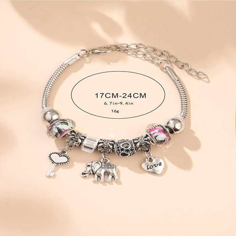 Handmade Beaded Bracelet with Heart Elephant Pendant Key Crystal Charm Jewelry