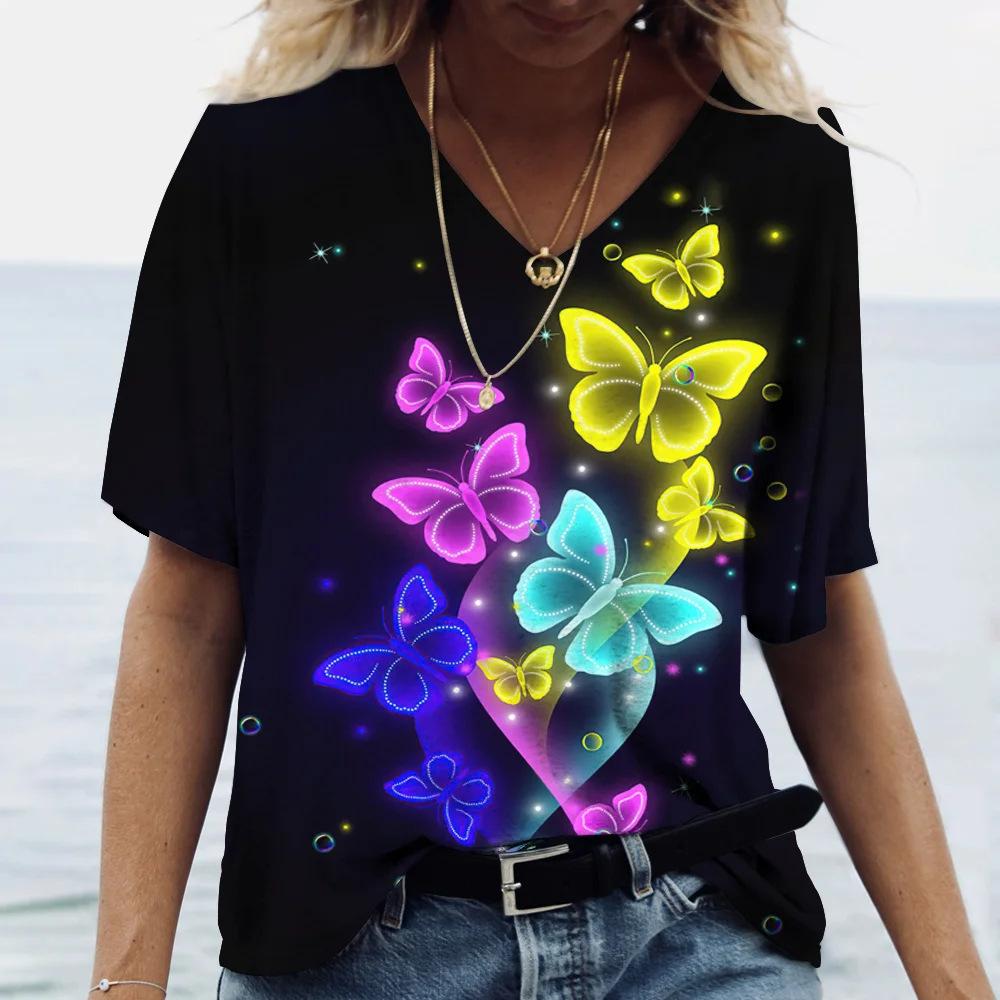 Animal Butterfly Pattern 3D Digital Printing Women's Comfortable V-neck Short Sleeved T-shirt