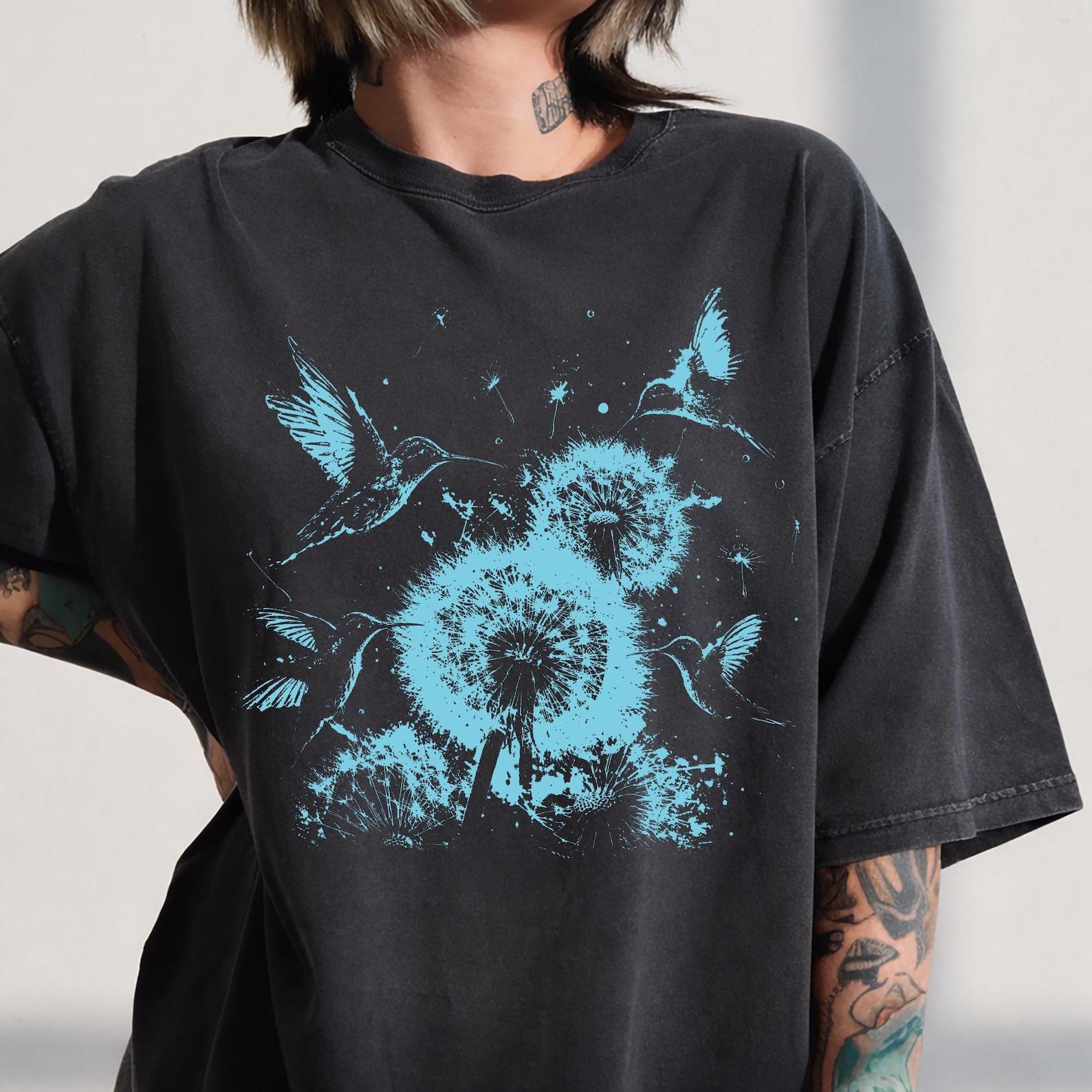 Comfort Colors Dandelion Hummingbird T-Shirt, Vintage Wildflower Nature Tee 4XL