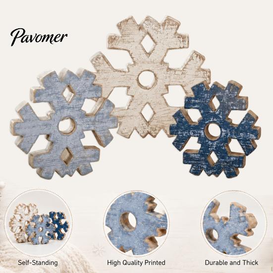 Winter Farmhouse Shelf Ornaments 3 Pcs Snowflake Wooden Signs, Rustic Table Decoration, Hollowed Out Crafts Block Sign for Christmas Tiered
