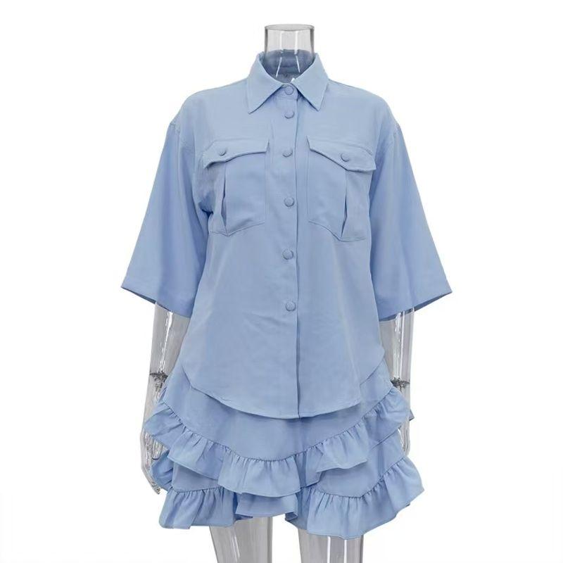 

Fashion Style New Polo Collar Shirt Ruffles Tiered Skirt Two-piece Set Shirt and Skirt Set Light blue L