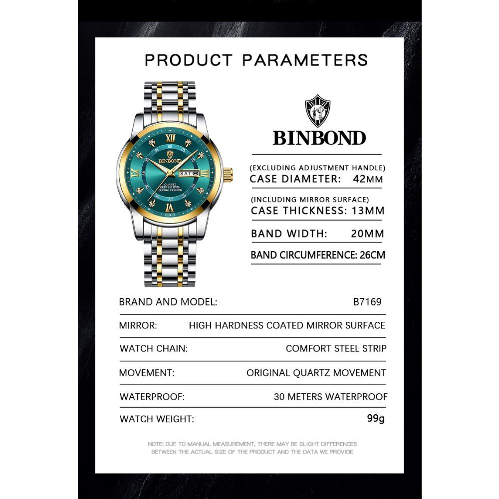 BINBOND Top Brand Luxury Fashion Watch Men 3ATM Waterproof Date Clock Sport Watches Mens Quartz Wristwatch