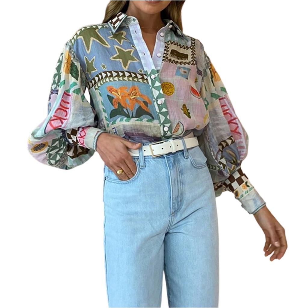 Women's Temperament Shirt Lapel Printed Long Sleeve Casual Fashion Shirt