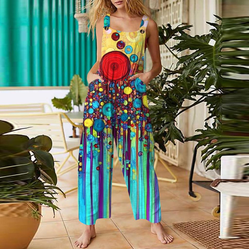 Women's Casual Jumpsuit Sleeveless Floral Print Cotton Jumpsuit