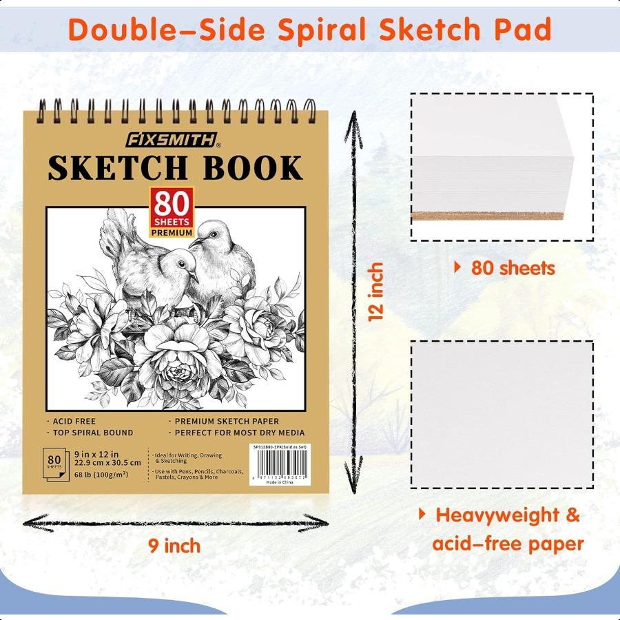 FIXSMITH 9X12 Sketch Book 160 Sheets 68 lb 100gsm 2 Pack Sketchbooks Top Spiral Bound Artist Sketch Pad Acid Free Drawing Pad I