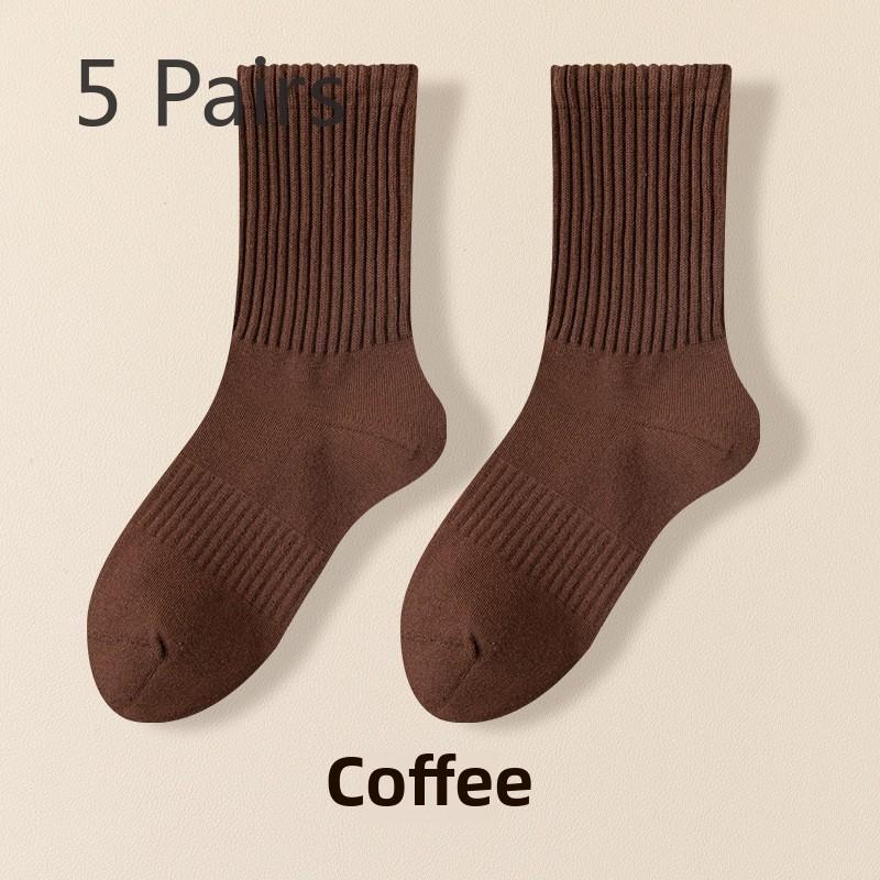 5 Pairs of Women's Spring and Fall Solid Color Sports Cotton Tide Mid Tube Pile Socks
