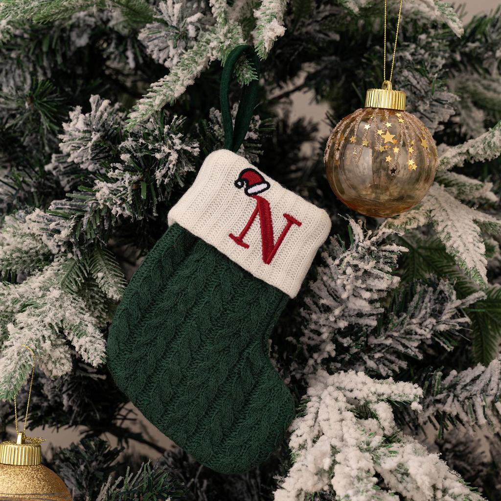Haobei Green Knitted Christmas Stocking with Embroidered Lettering – Woolen Gift Bag Décor