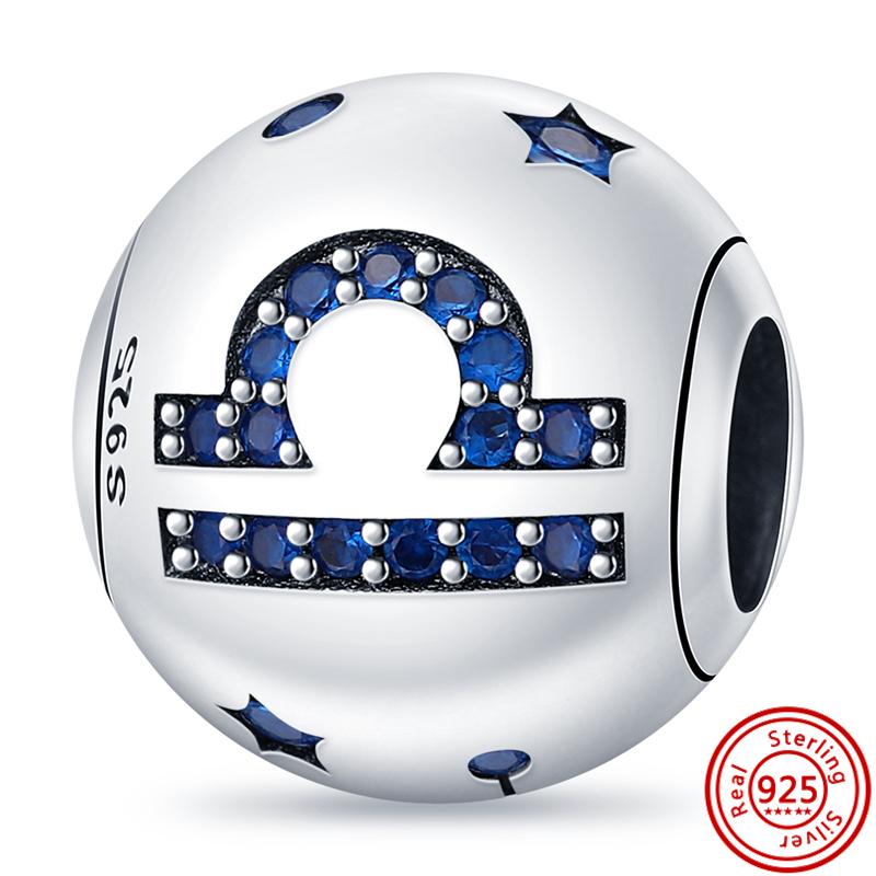 S925 Sterling Silver Blue Zircon Stars 12 Constellation Shiny Round DIY Beads Fit Original  Charms Bracelet Luxury Jewelry