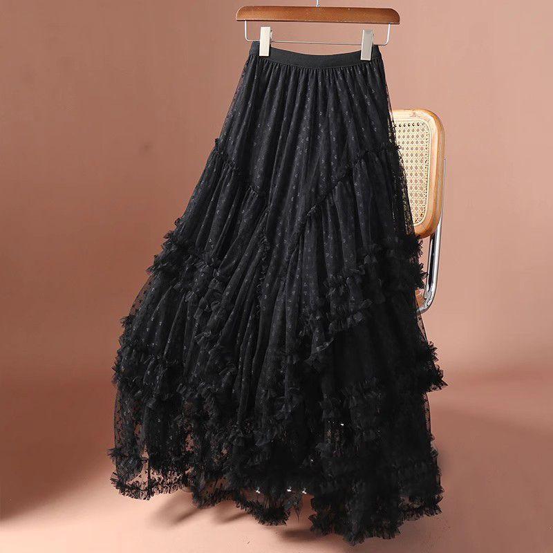 Qooth Plus Size Tulle Maxi Skirt Asymmetric Full Flare Tiered Skirt QT2731 чёрный