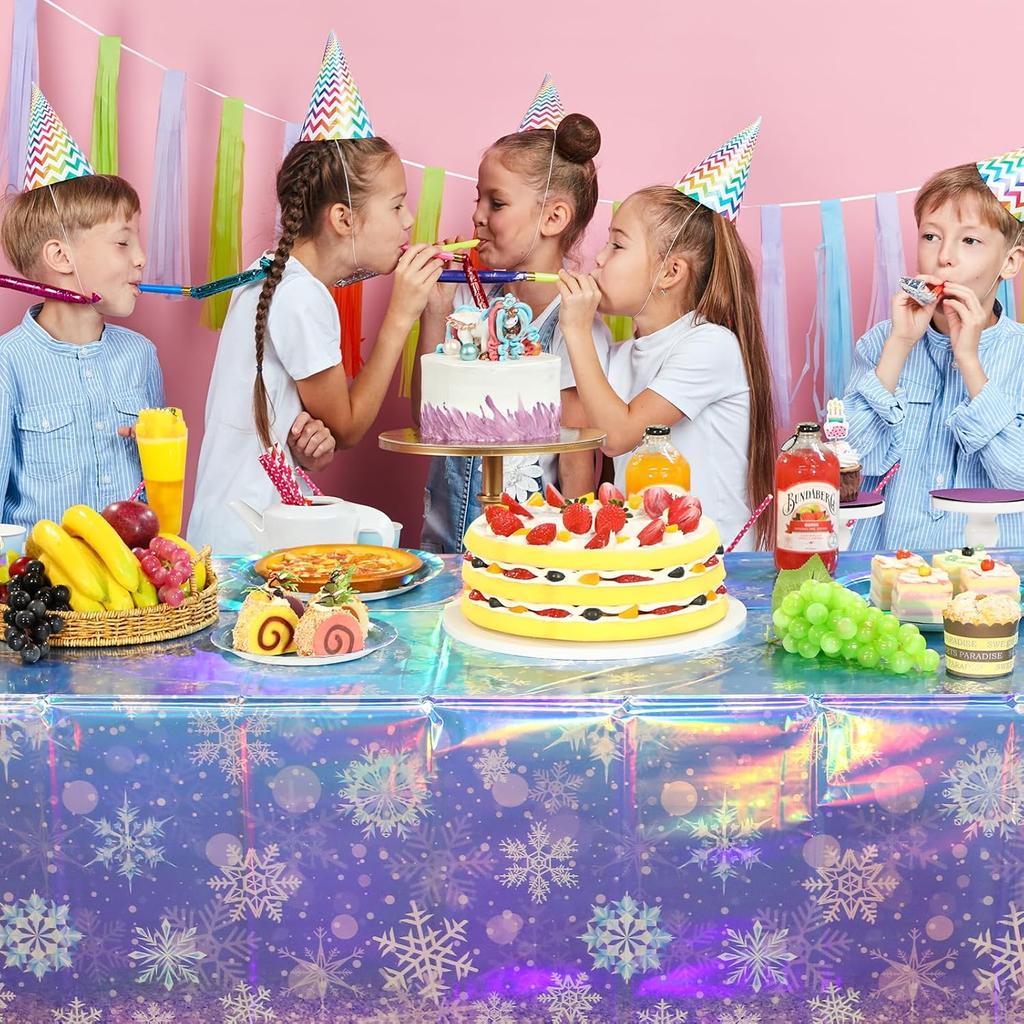 3 Pack Iridescent Winter Snowflake Plastic Tablecloth Decorations, Holographic Blue and Purple Snowflake Winter Wonderland Disposable Table Cover for