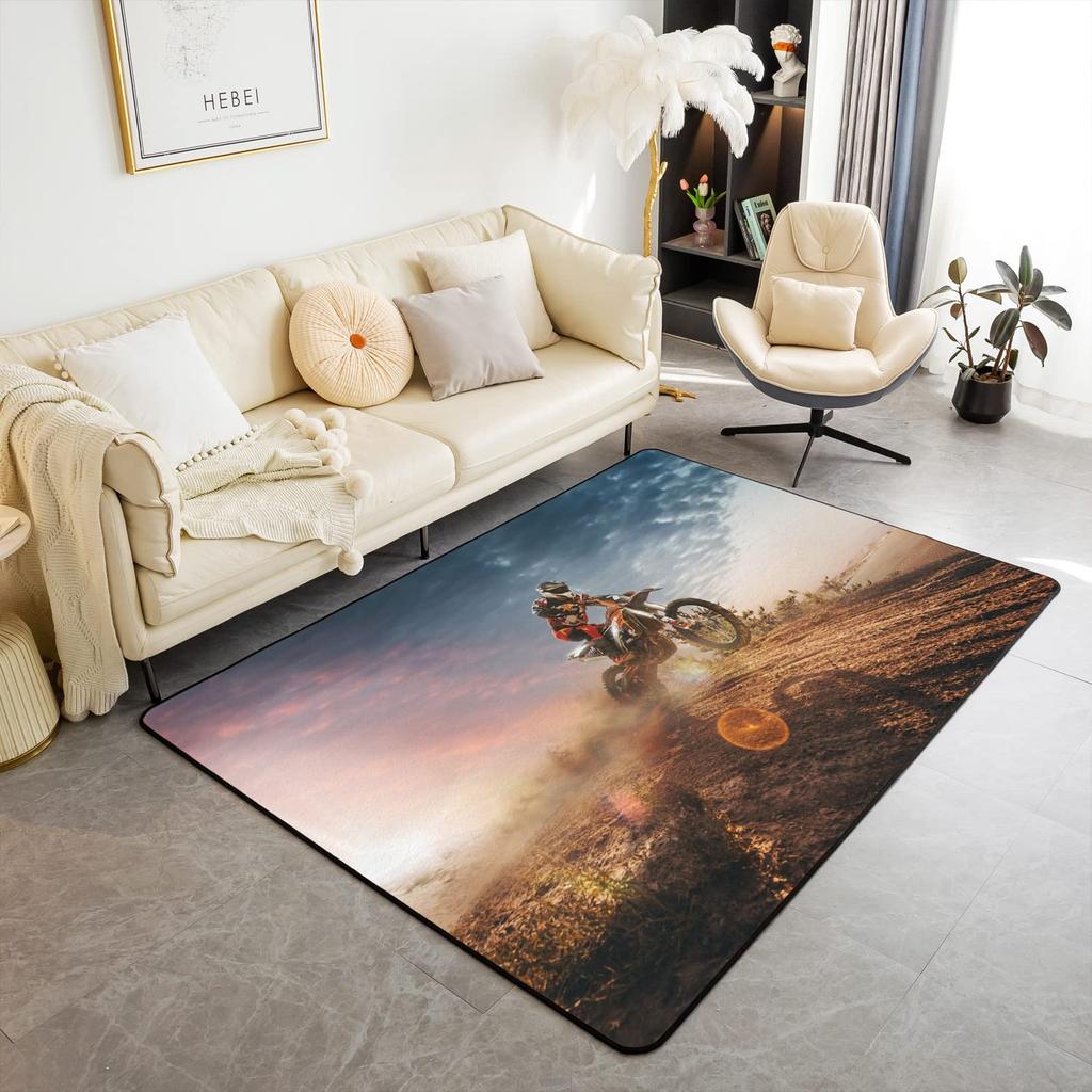 Teen Dirt Bike Area Rug for Living Room Motocross Rider Floor Mat Motorbike Extreme Sport Carpet Snow Mountain Landscape Doormat