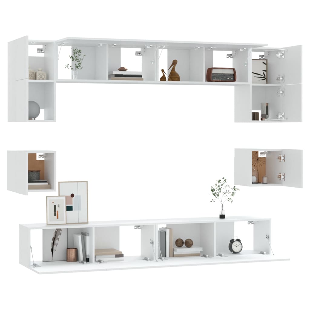 8 piece TV cabinet set white particleboard