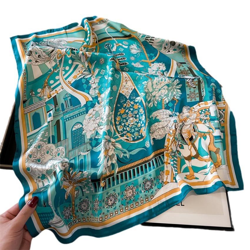 Guofeng Silk Scarf Landscape Ink Square Scarf 70Cm Simulated Silk Scarf Thousand Miles Of Rivers And Mountains Silk Scarf Women