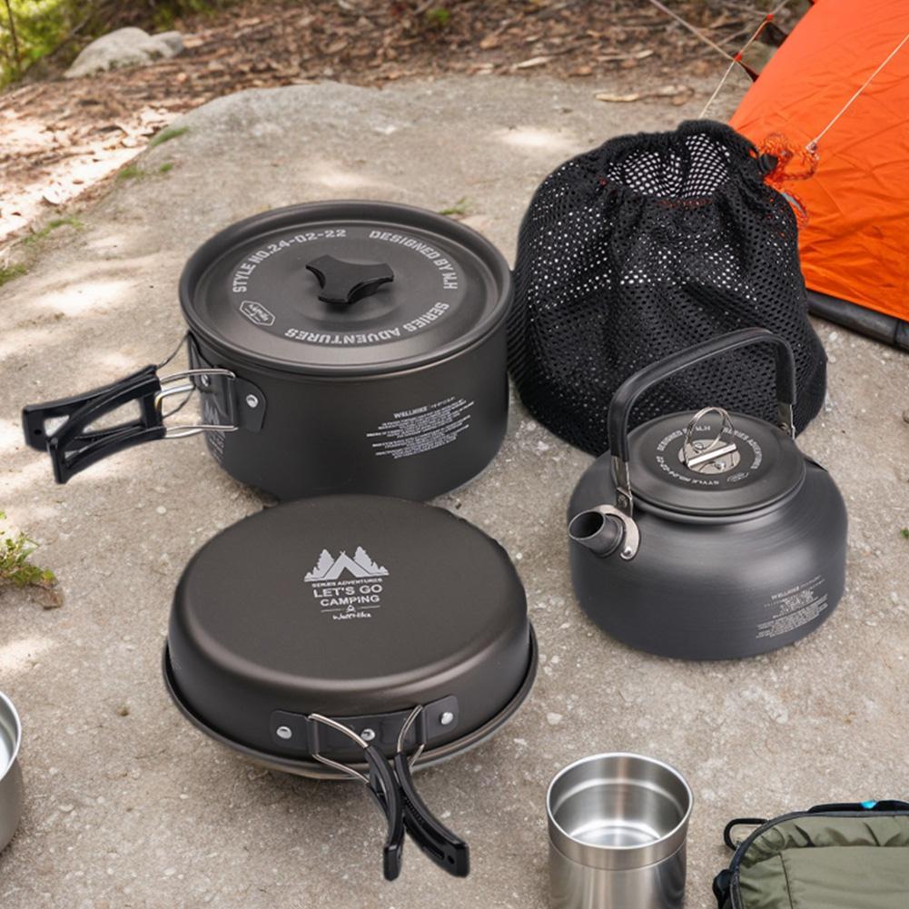 3Pcs/Set Camping Cookware Set Aluminum Alloy Tableware Pot Pan Set Lightweight Cookware Kit for Outdoor Fishing Camping