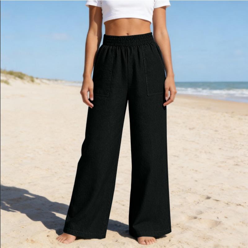 

New Women Spring Summer Loose Versatile Solid Color Elastic Waist Floor Length Denim Wide Leg Casual Pants S чёрный