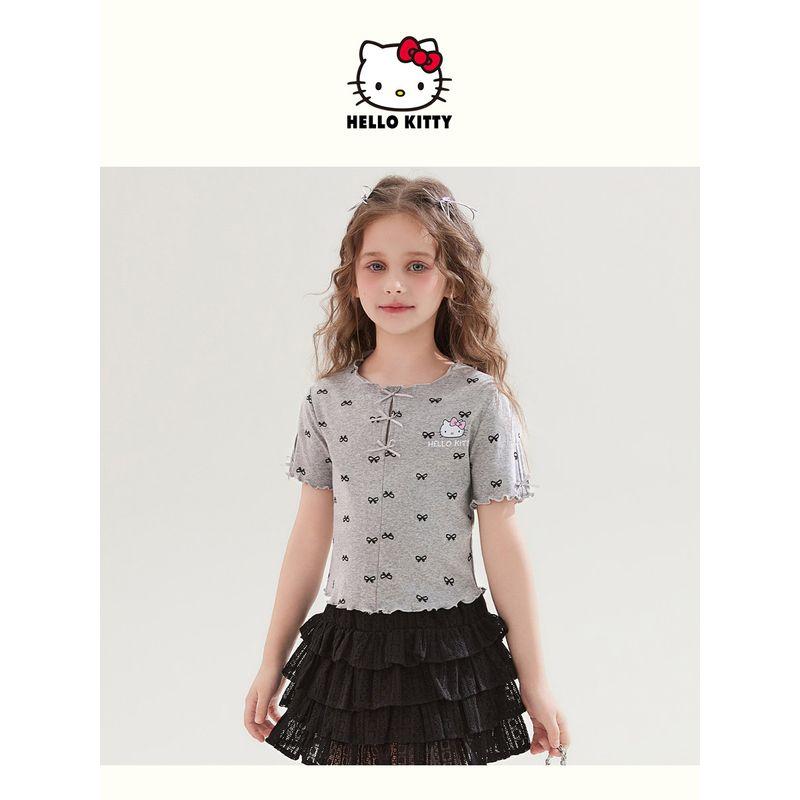 Hello Kitty Girls' Short-Sleeved T-Shirt 2025 New Summer Polka Dot Kidsren's Tops Girls' Summer Clothes Trendy