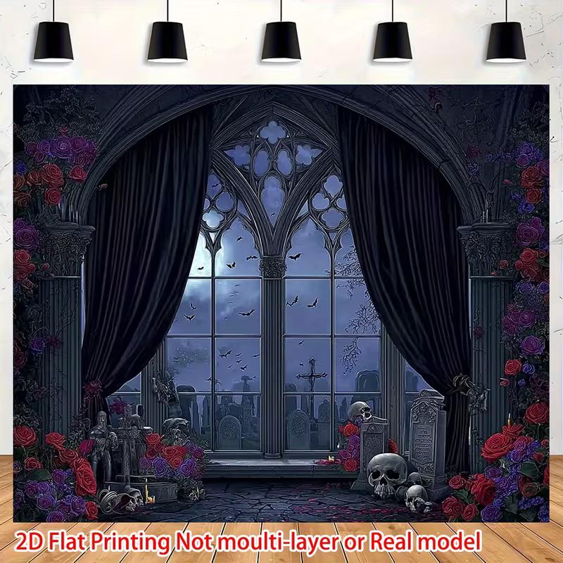 2D Gothic Halloween Cemetery Window Backdrop Photography Banner