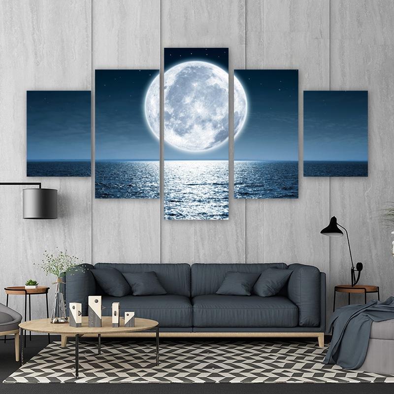5 Panels Moon Sea Posters Canvas Painting Landscape Pictures Night Views Wall Art For Living Room Modern Home Decor No Frame