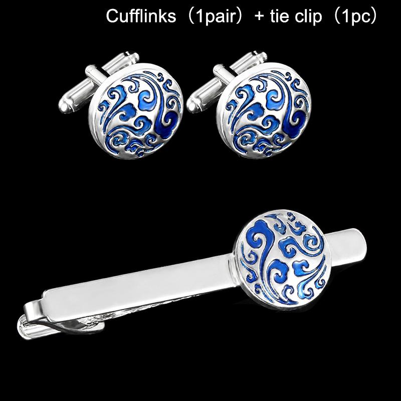 

Винтажные синие узорчатые круглые запонки французский зажим для галстука запонки набор мужская рубашка галстук аксессуары для годовщины бизнеса