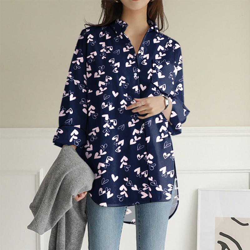 

ZANZEA Женская повседневная блузка с отложным воротником и принтом с длинными рукавами S синий