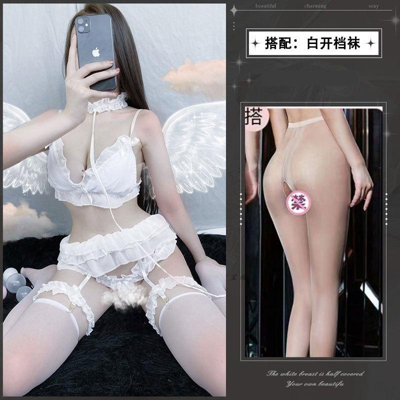 Sexy underwear, sexy three-point suspenders, lace, transparent bra, bow open crotch
