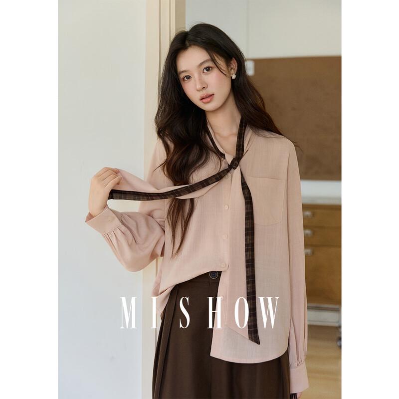 Women s Ribbon Design V-Neck Checkered Lantern Sleeve Blouse M