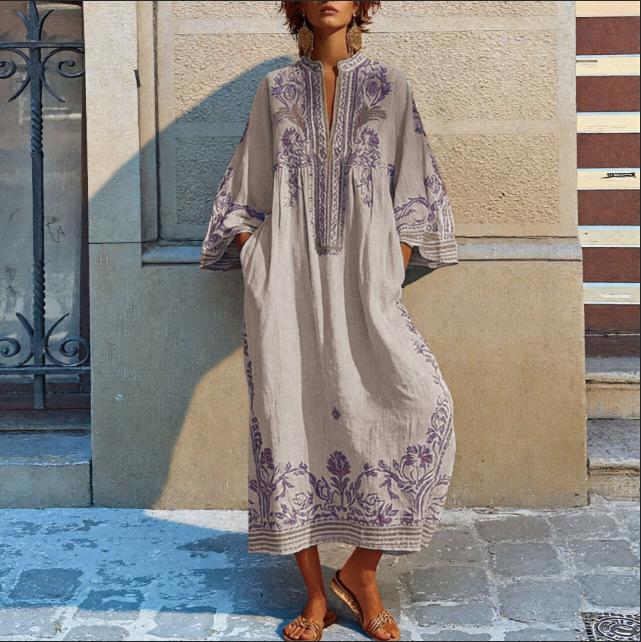 Boho Stil V-Ausschnitt Lässiges Kurzarm Maxikleid mit Print Lockerer Schnitt Leichtes Sommerkleid für Damen