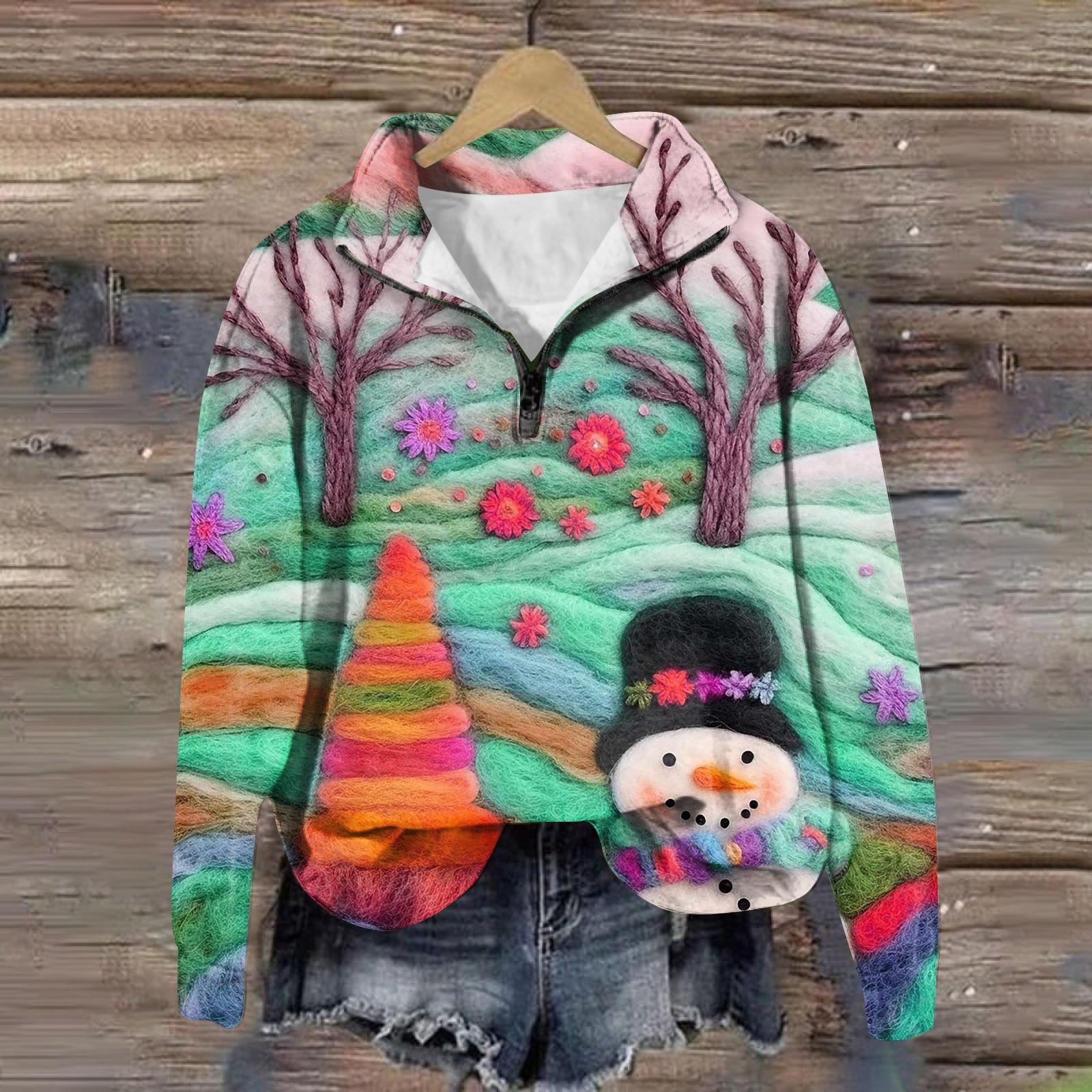 Рождественские толстовки для женщин, милый рождественский свитшот с 3D графическим принтом, большой пуловер на молнии с длинными рукавами и круглым вырезом, топы XXL