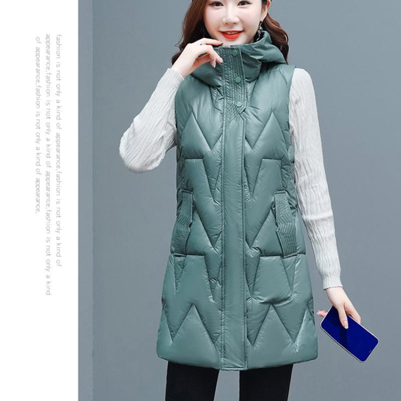 Outono e inverno feminino cor sólida com capuz solto espessamento quente meados de comprimento sem mangas colete jaqueta feminina