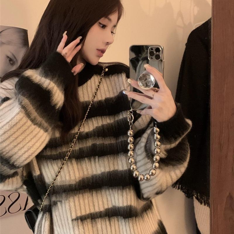 Pruhovaný mohérový svetr pro ženy o výstřih volný svetr podzimní a zimní svetr z měkkého lepkavého úpletu dámský top