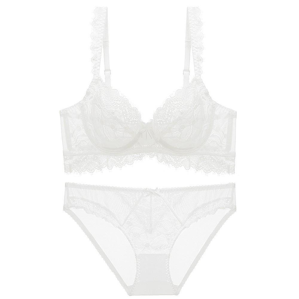 European and American sexy large-size underwear women's French ultra-thin transparent lace bra big chest small anti-sagging underwear set