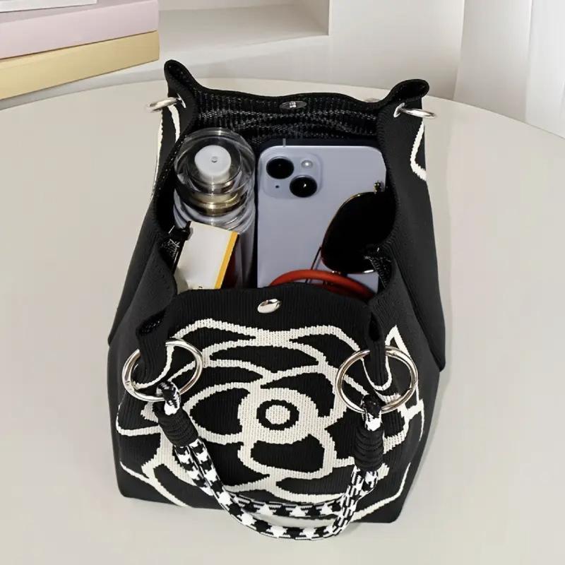 Fashion Flowers Knit Handbag Women Shoulder Bag Color Contrast Portable Ladies Beach Handbag Shopping Tote