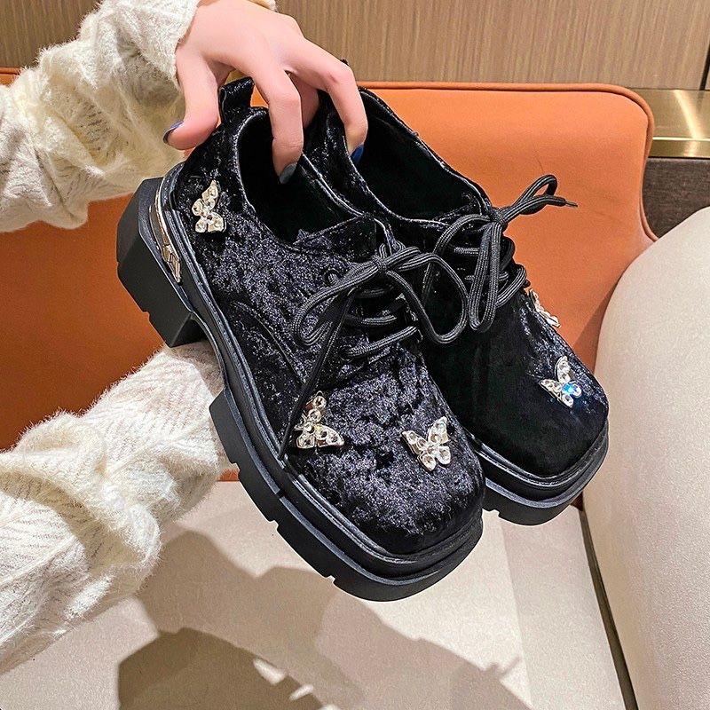 

Spring Platform Square Toe Shoes Women Lace Up Vintage Black Rhinestone Loafers Thick Sole Height Increasing Footwear 40