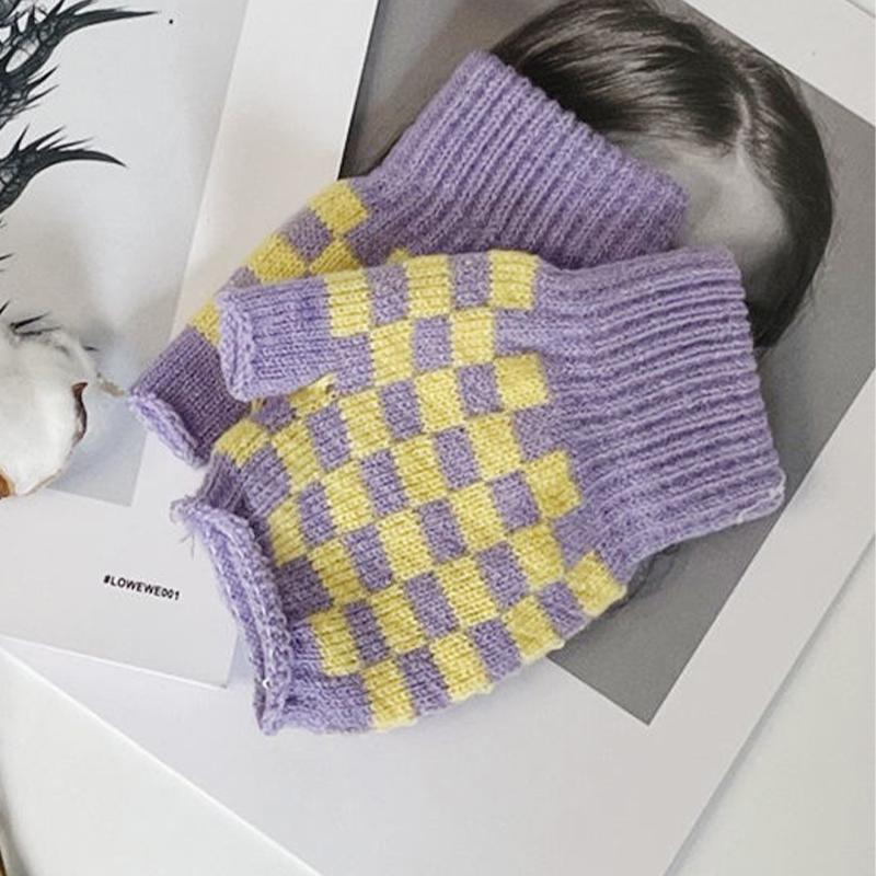 Warm Gloves Knitted Half-finger Plaid Cold-proof Gloves for Women Winter