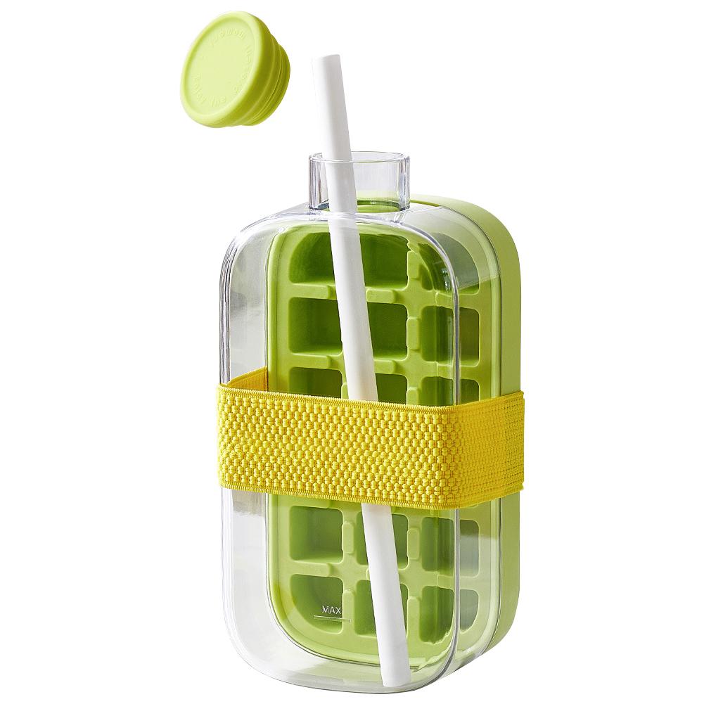 Ice Cube Bottle with Straw 2-in-1 Water Bottle with Strap Ice Cube Mold Portable Ice Cube Making Bottle for Outdoor Travel